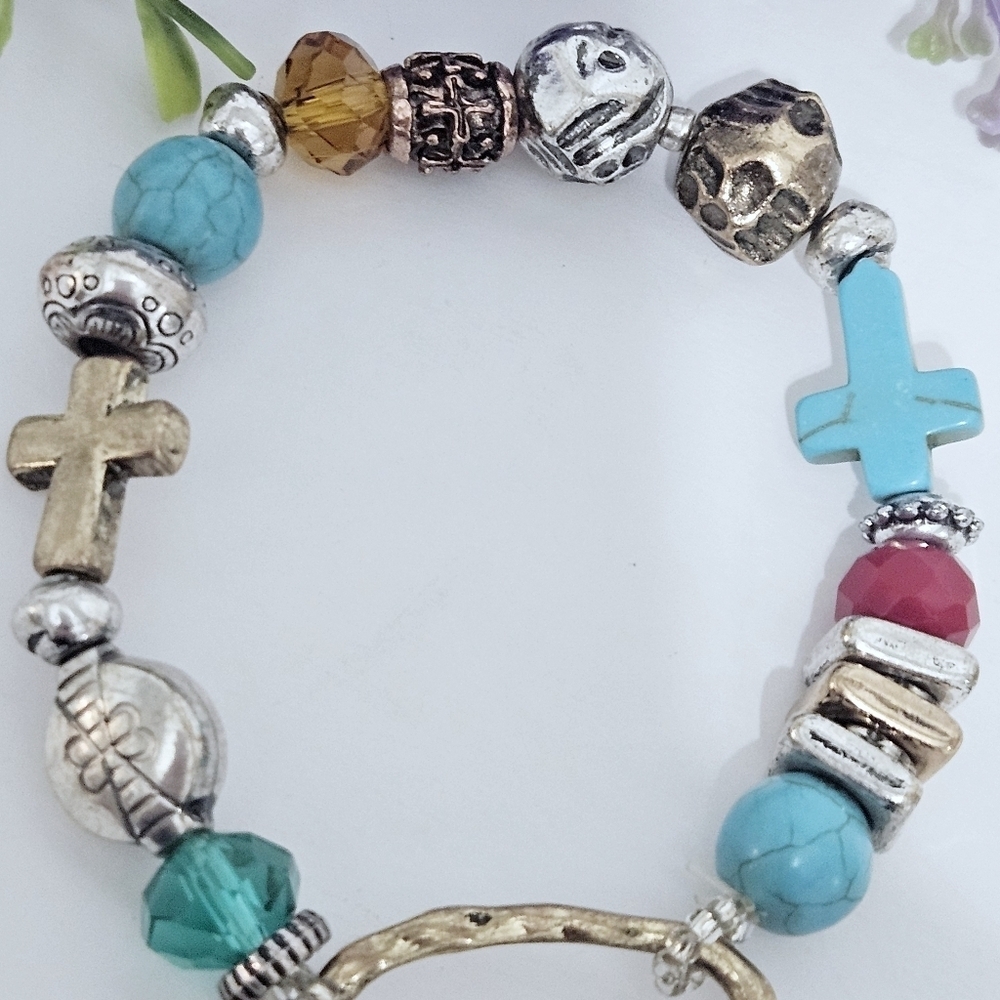 Western Boho Style Turquoise Cross Stretch Bracelet - Picture 3 of 3